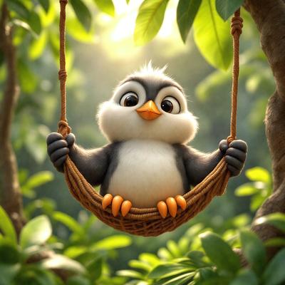 The image features a cute penguin sitting in a hammock, surrounded by lush greenery. The penguin appears to be enjoying its time in the swing, which is suspended from a tree branch. The scene is set in a forest, with the penguin being the primary subject. The visual style of the image is a combination of photo and digital art, creating a whimsical and playful atmosphere. The colors are predominantly green, with the lush foliage and the penguin
